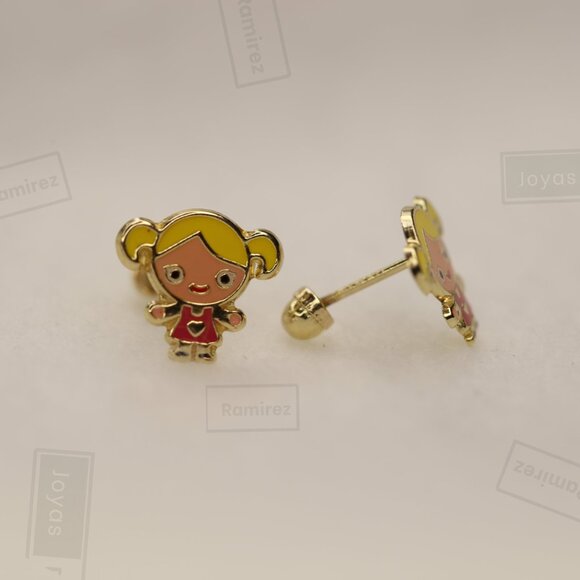 Enamel Girl Stud Earrings For Kids In Solid 14K Gold • Jewelry For Girls. - Picture 4 of 15